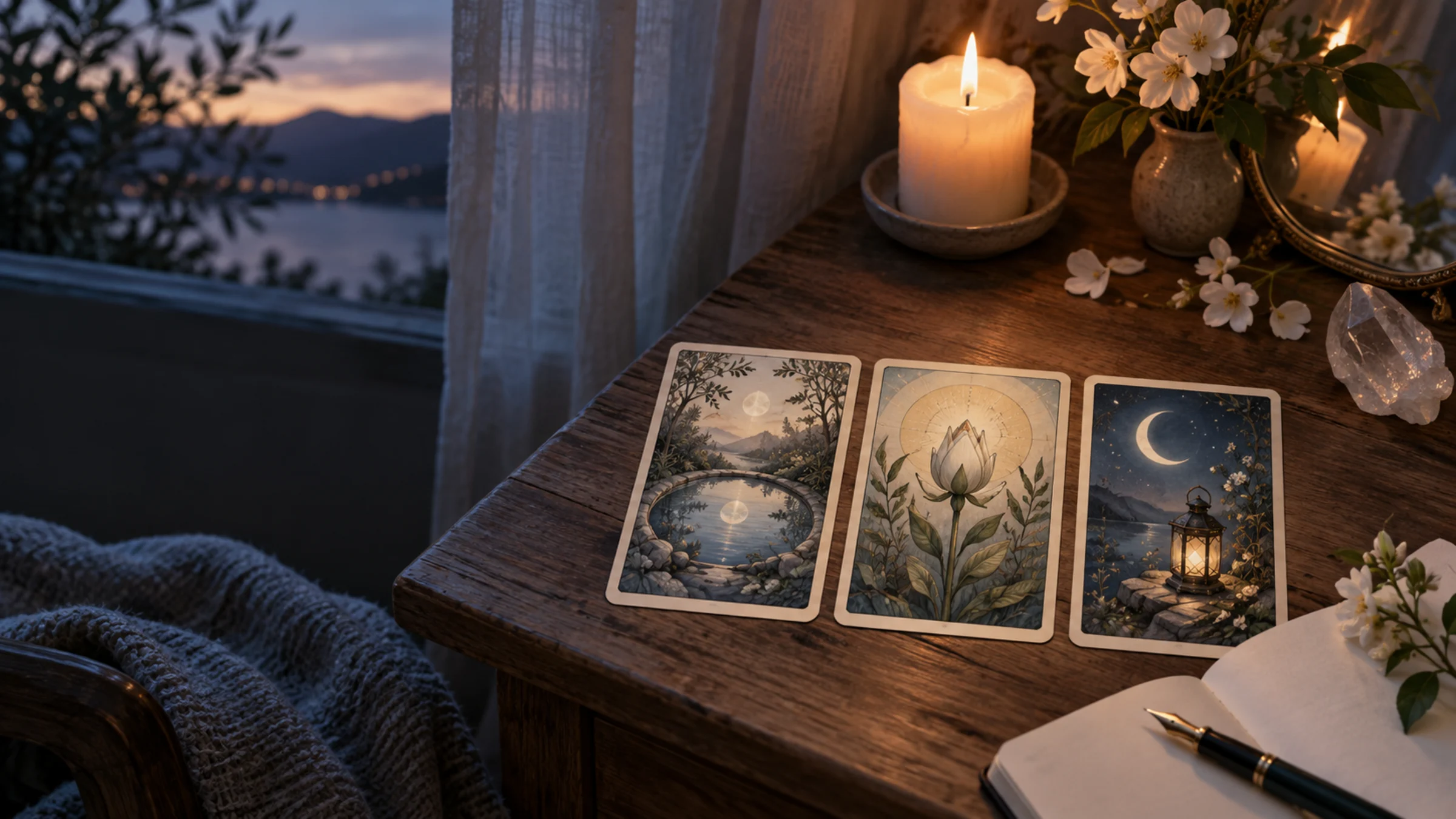 Ba lá tarot nhìn lại mình trên bàn gỗ cạnh gương và ánh nến