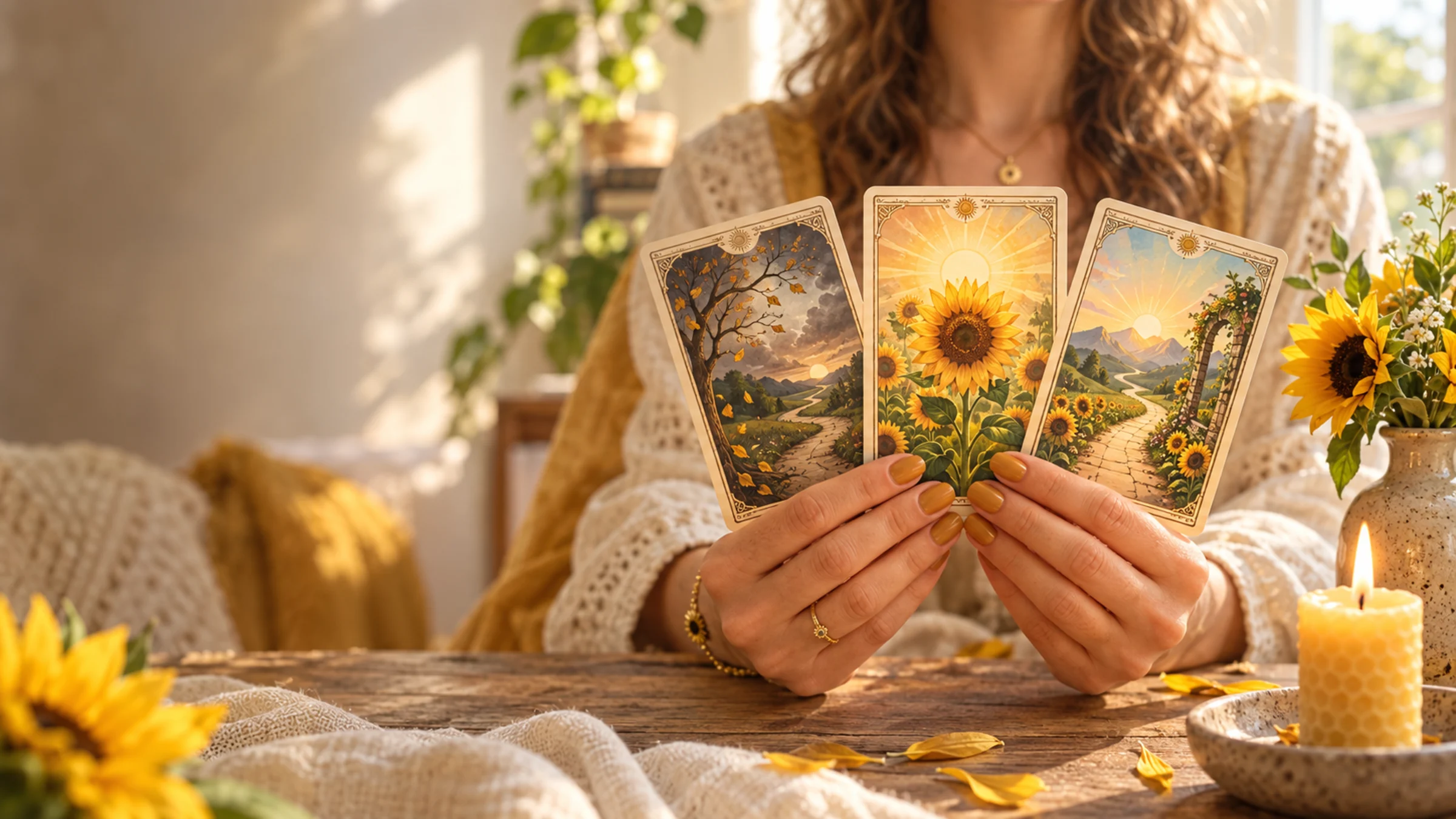 Ba lá tarot quá khứ hiện tại tương lai trong ánh nắng ấm