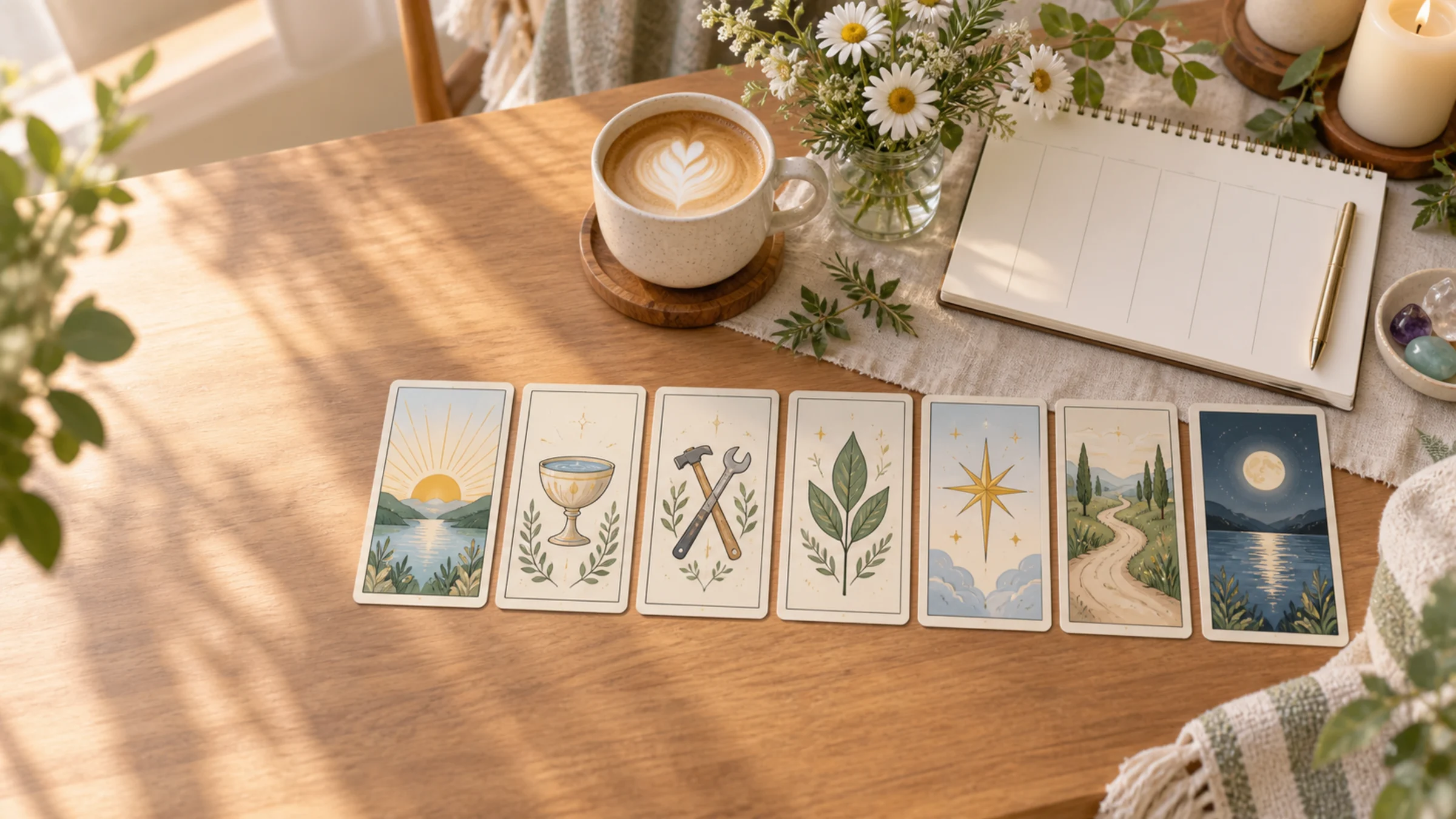 Bảy lá tarot cho tuần này xếp cạnh sổ kế hoạch và cà phê