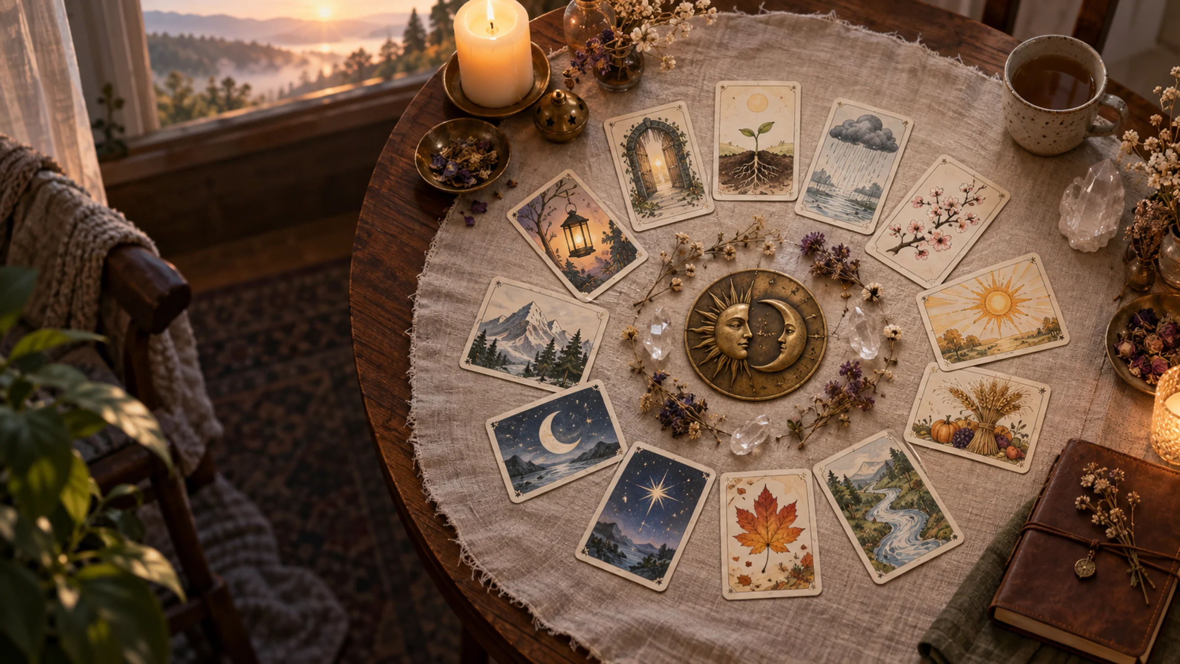 Mười hai lá tarot năm tới xếp thành vòng quanh biểu tượng mặt trời mặt trăng