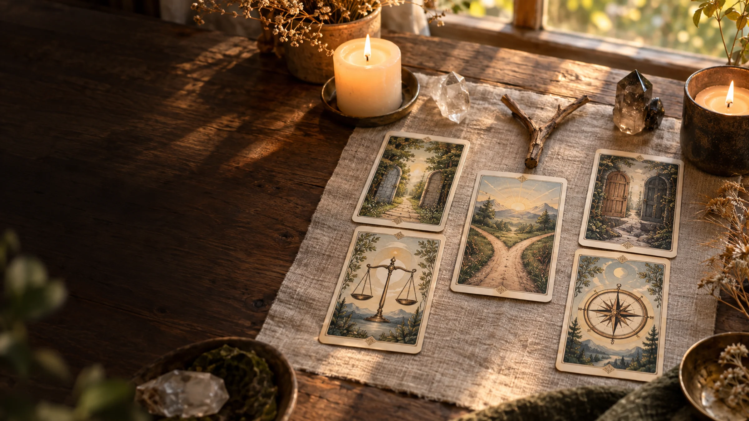 Năm lá tarot chọn hướng xếp thành hai nhánh trên bàn gỗ