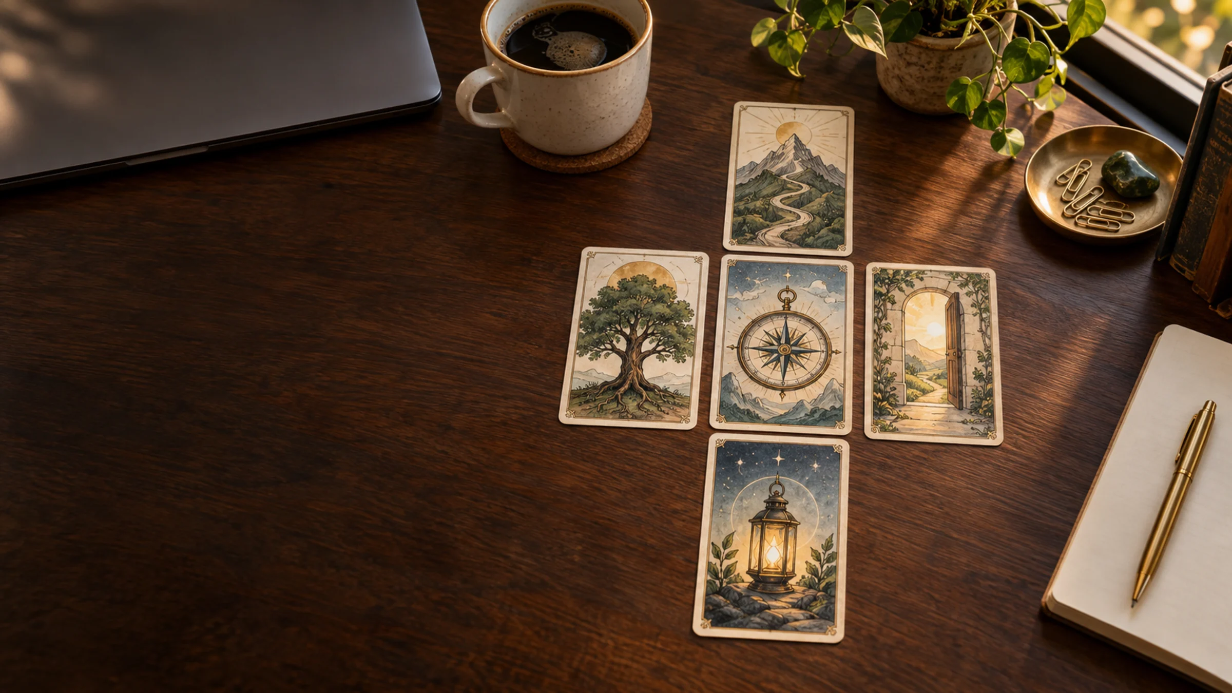 Năm lá tarot công việc trên bàn làm việc cạnh laptop và sổ tay