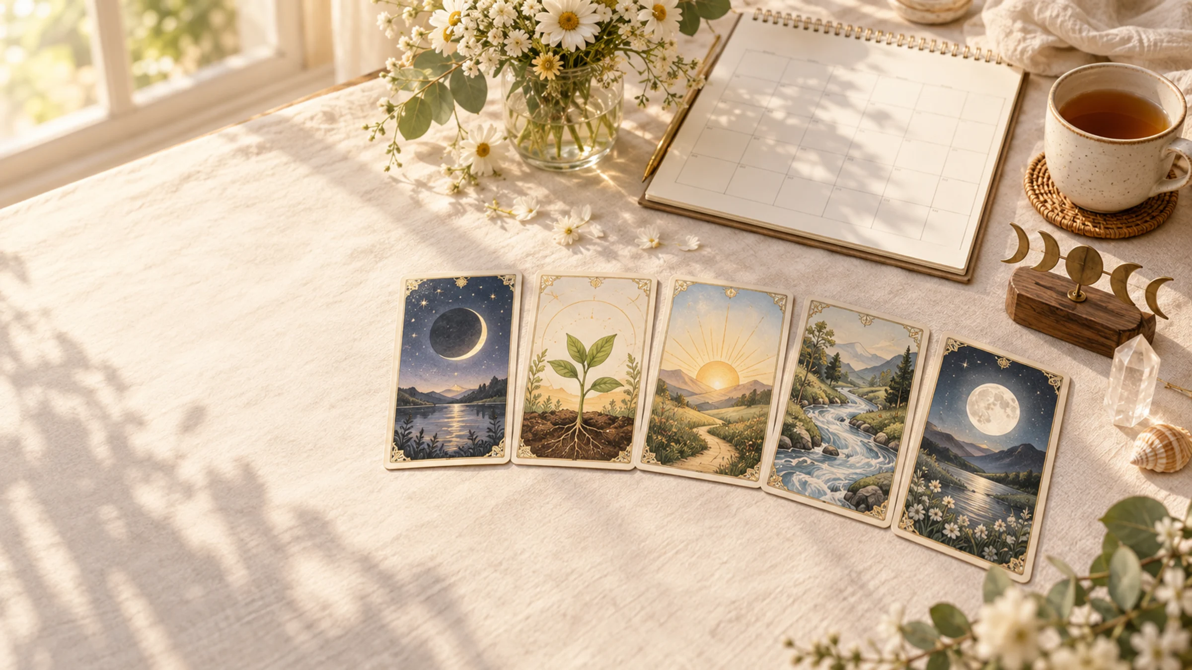 Năm lá tarot tháng tới xếp cạnh lịch trắng và biểu tượng chu kỳ trăng