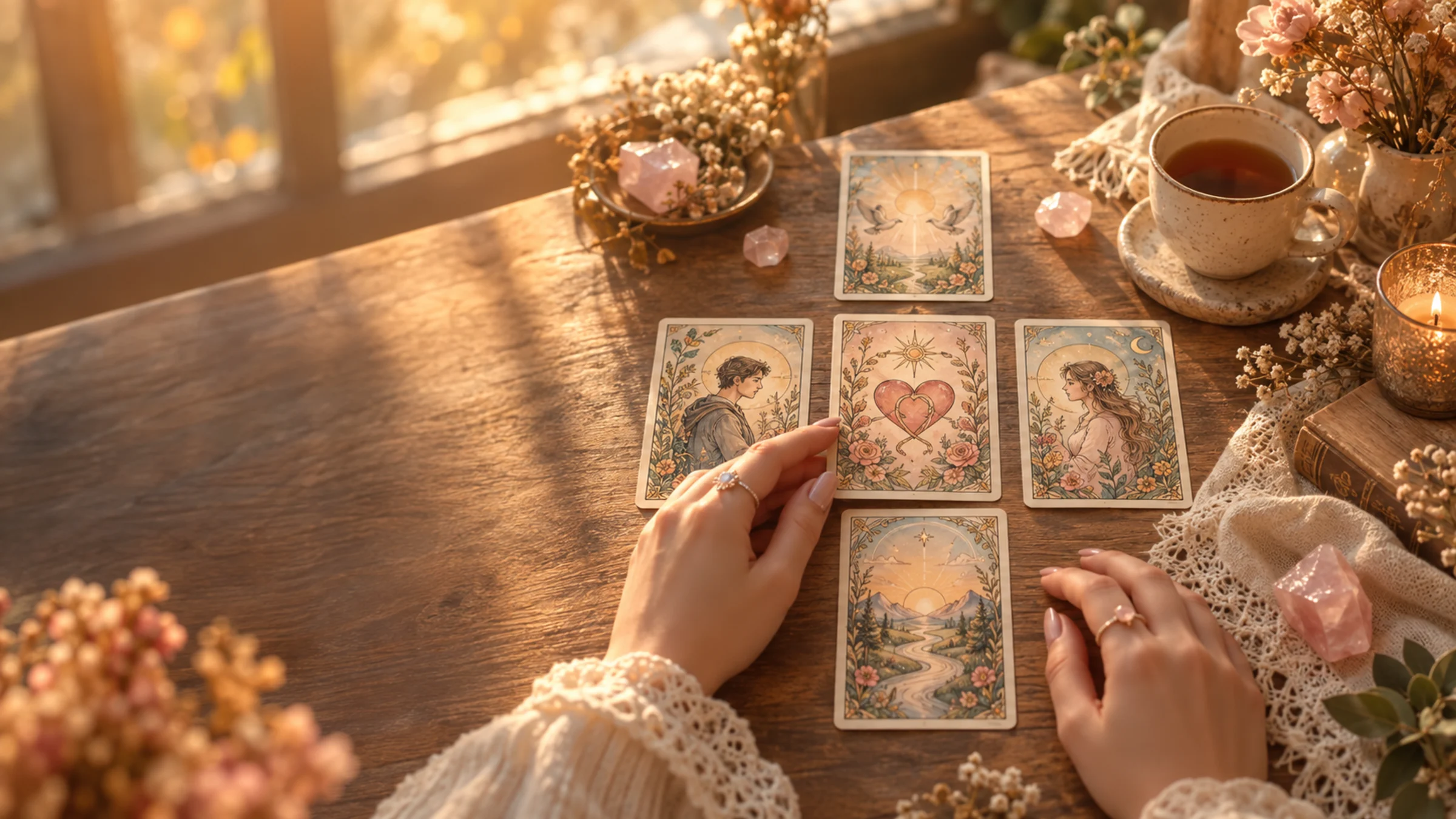 Năm lá tarot tình cảm trên bàn gỗ trong ánh nắng ấm