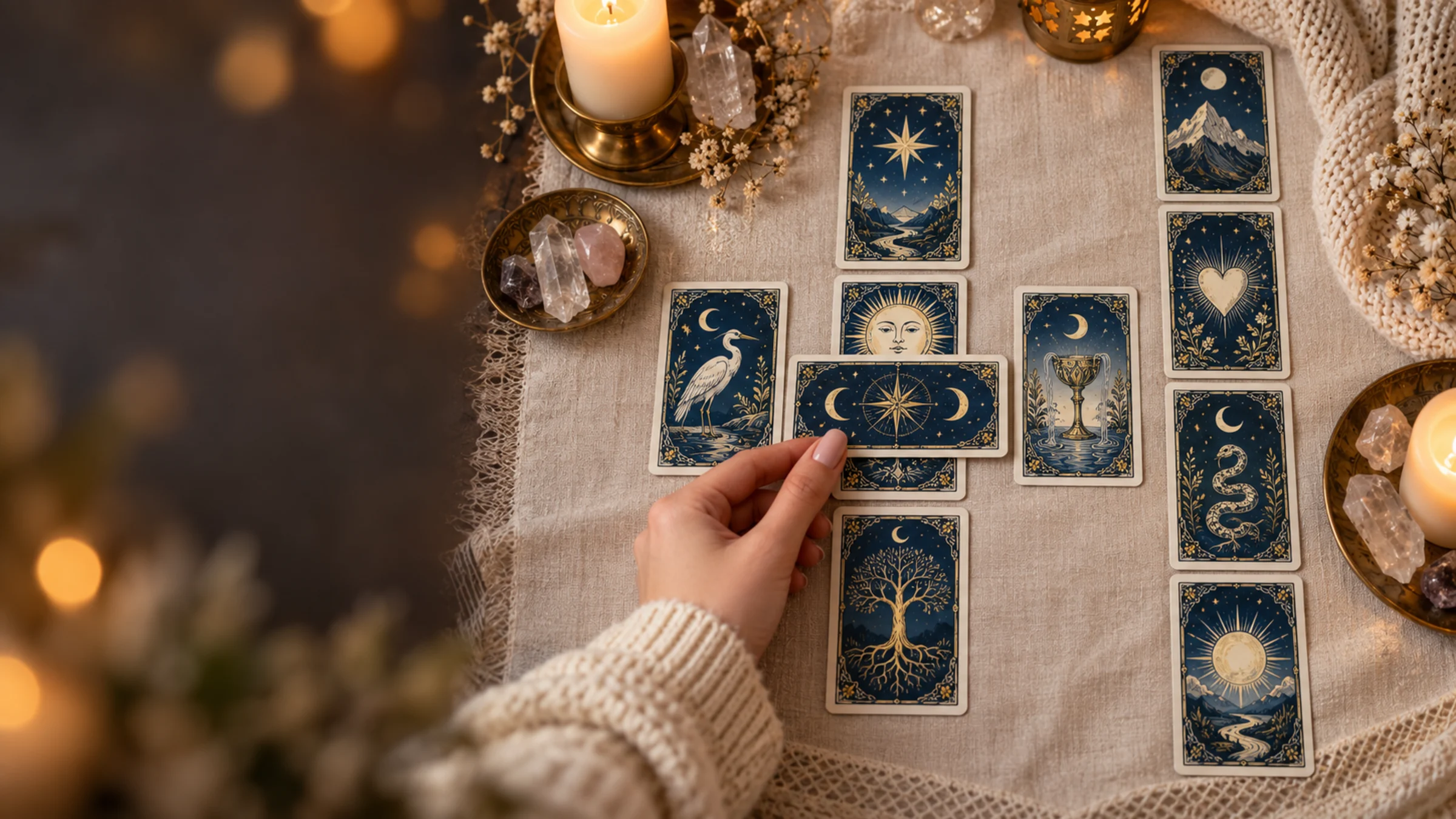 Mười lá tarot xếp theo bố cục Thập tự Celtic trong ánh nến ấm
